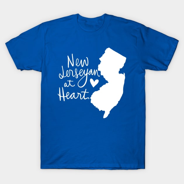 New Jerseyan At Heart: New Jersey State Pride Calligraphy State Silhouette T-Shirt by Tessa McSorley